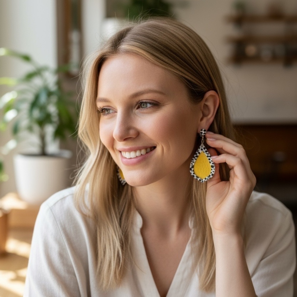 Yellow Teardrop Earrings with Black and White Accents NWT - Picture 5 of 5